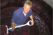 Bernhard Huber shovelling grapes in fermenter